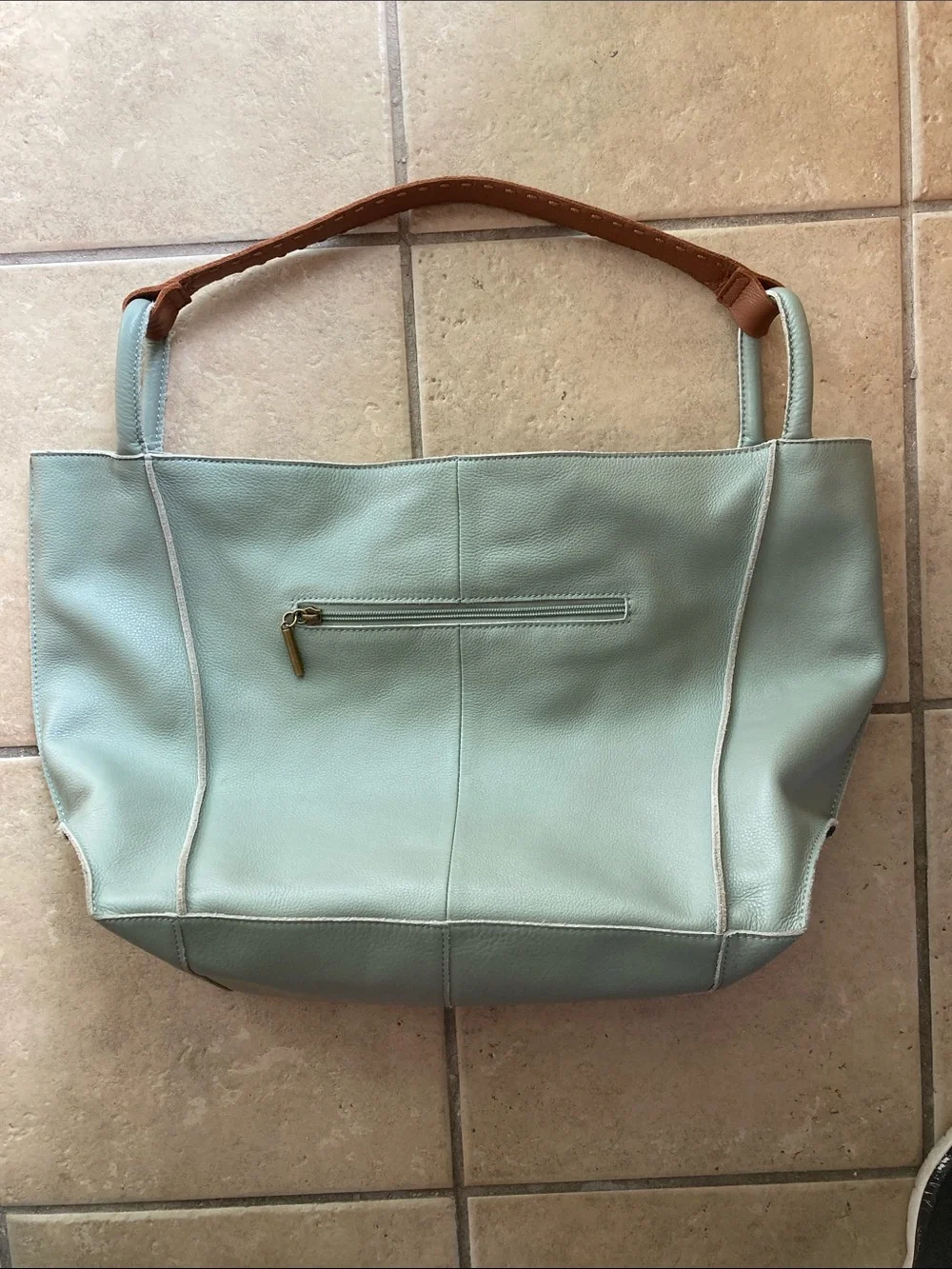 The Sak Leather Tote Bag in Light Sage with Contrast Brown Handles